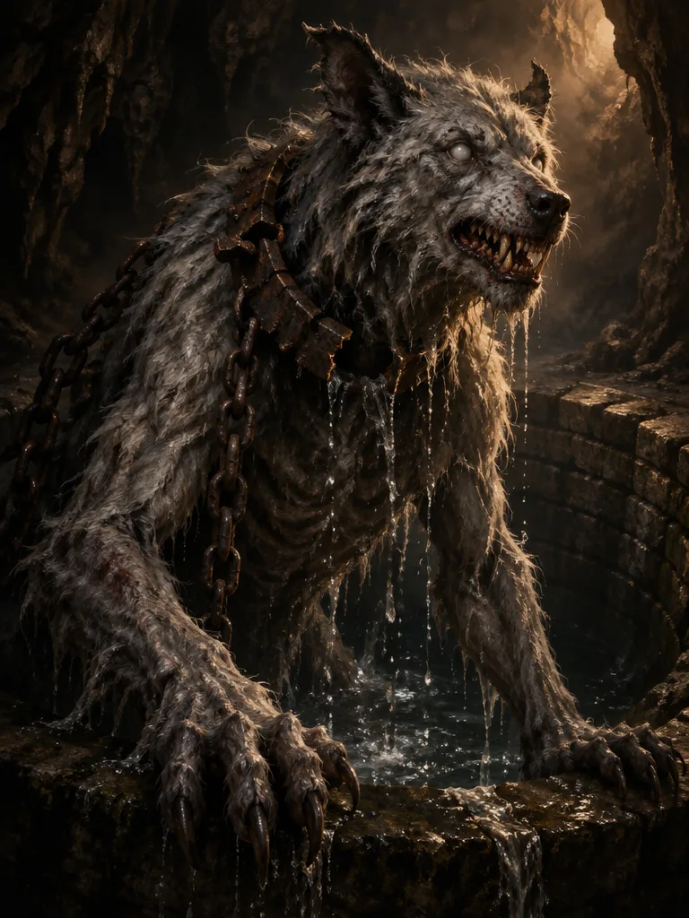 Coldmaw, binatang serupa serigala raksasa berbulu abu yang basah, dengan kalung besi dan rantai, merangkak keluar dari sumur batu yang tergenang.