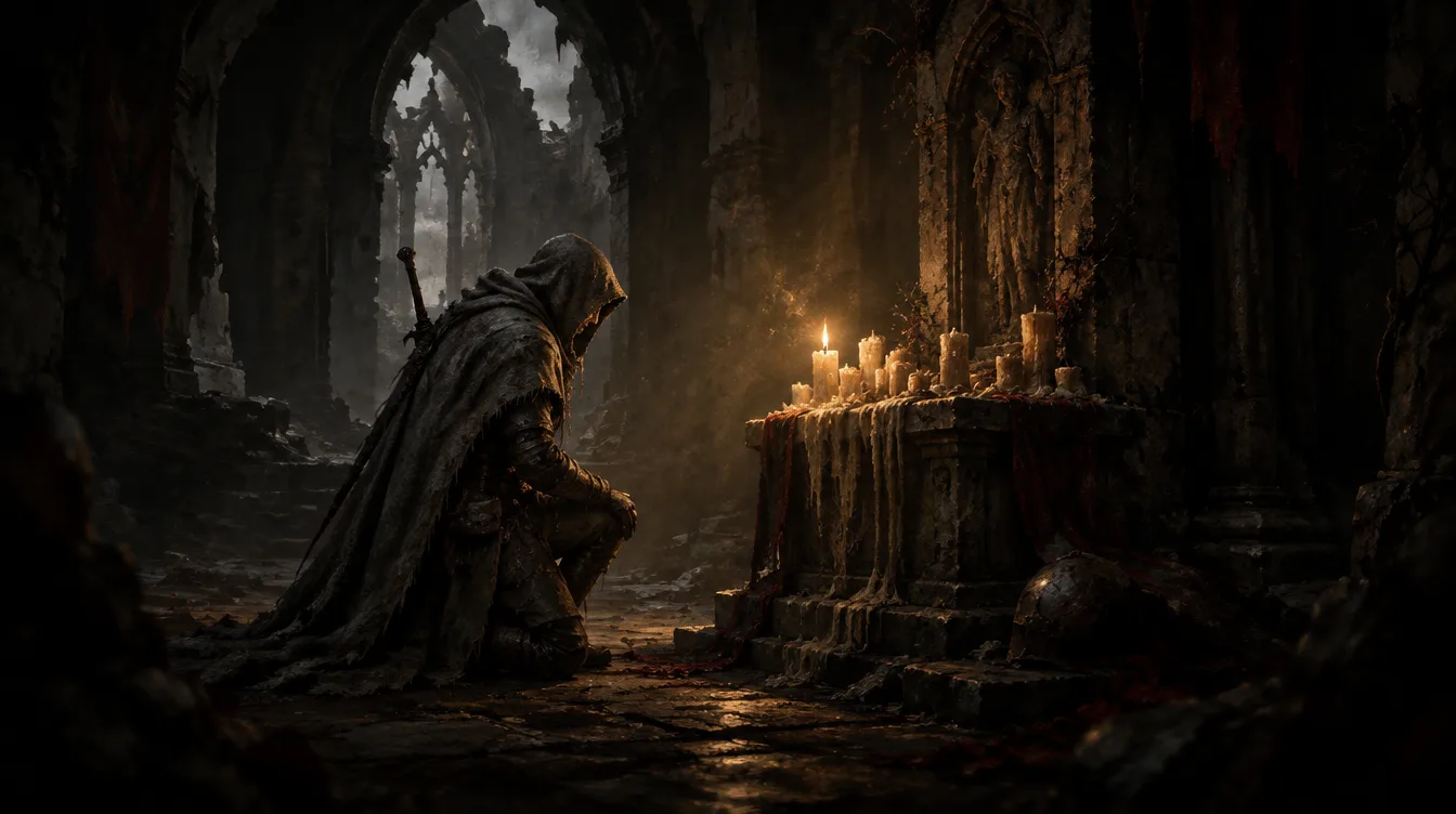 Hollowsworn berlutut di depan altar batu penuh lilin di dalam kapel yang runtuh.