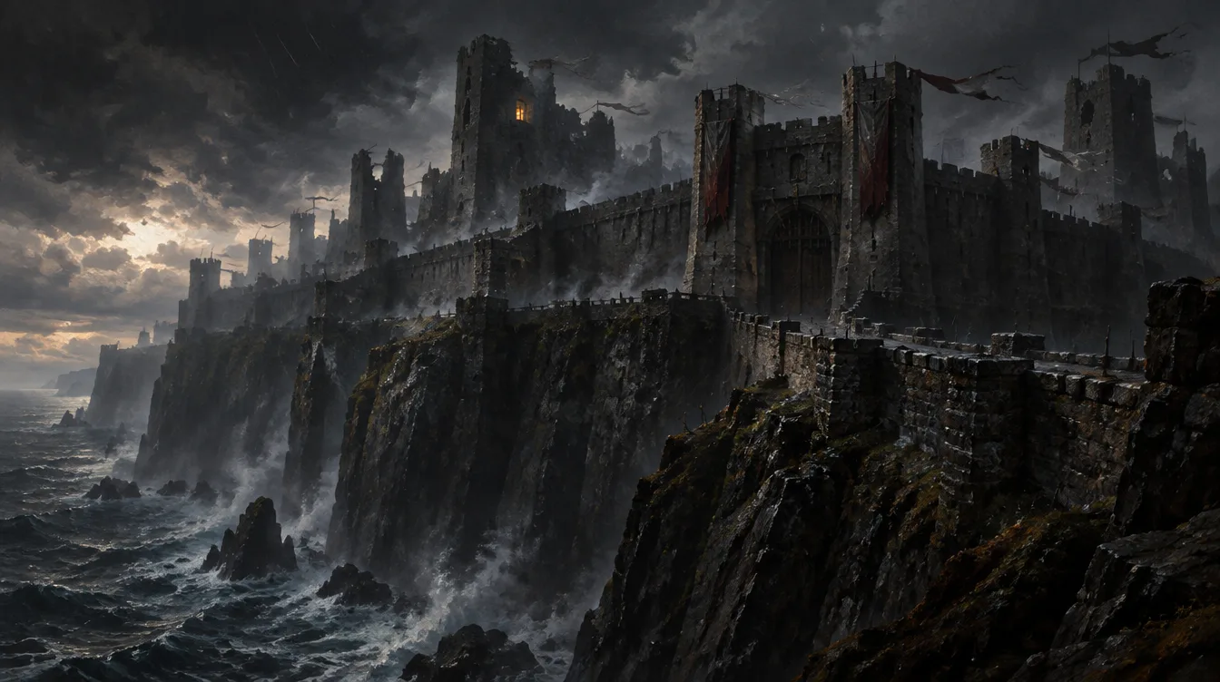 Benteng Greywall di atas tebing laut yang dihantam badai, menara patah dan satu jendela menyala.
