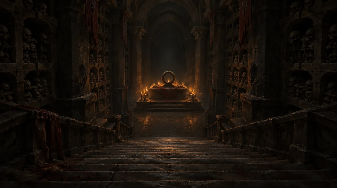 Katakombe The Undervaults dengan tengkorak di ceruk dinding, tangga batu lebar, dan altar kecil bercahaya lilin di ujung lorong.