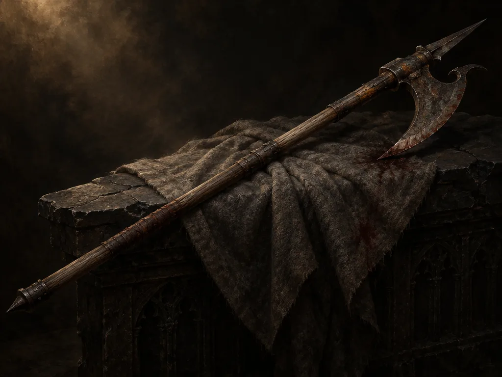 Gatewright Halberd, halberd berbilah kapak lebar dengan mata tombak dan taji berkait, gagang kayu berpita besi.
